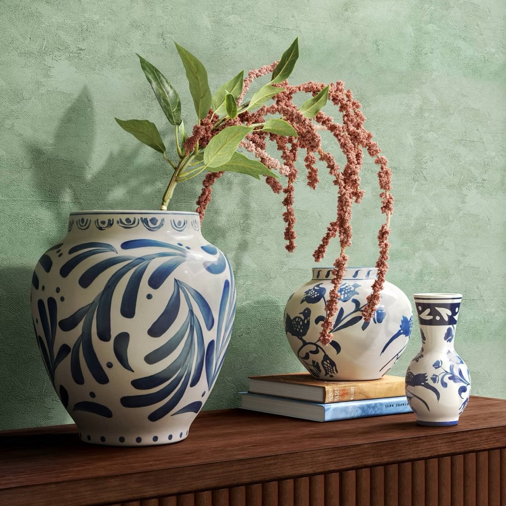 Set 3 | Large, Medium & Bud Blue Painted Ceramic Vase - Threshold Spring 2026
